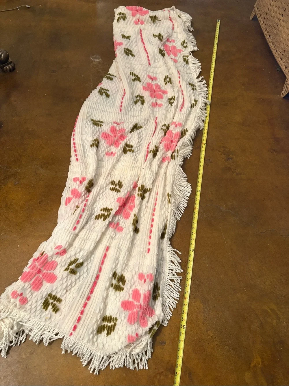 White Chenille Throw Blanket with Pink Floral Pattern